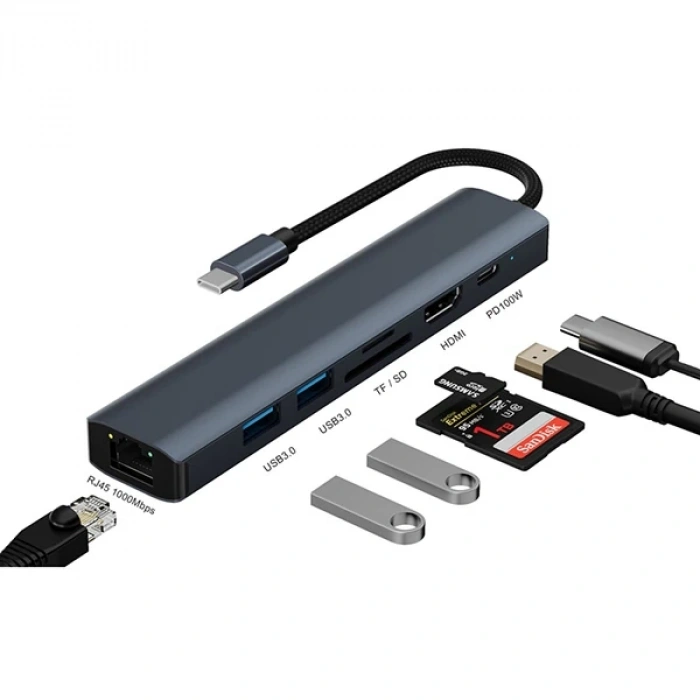 Nevamel ALLY BYL-2303 7 IN 1 Type-c To USB + Type-c + Ethernet + Kart Okuyucu + HDMI Dönüştürücü Çoğaltıcı H-(5775)