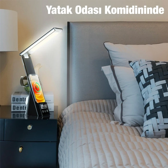 Nevamel ALLY Dijital Saatli 15W Kablosuz Şarjlı LED Işıklı Katlanabilir Masa Lambası-(5775)