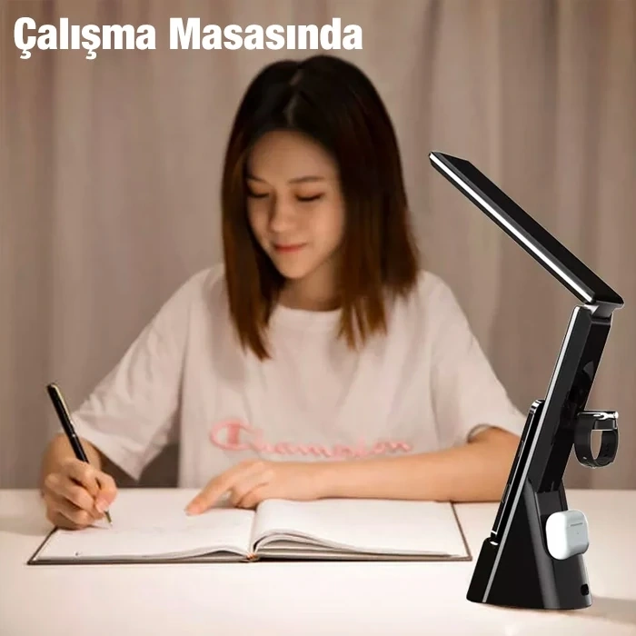 Nevamel ALLY Dijital Saatli 15W Kablosuz Şarjlı LED Işıklı Katlanabilir Masa Lambası-(5775)