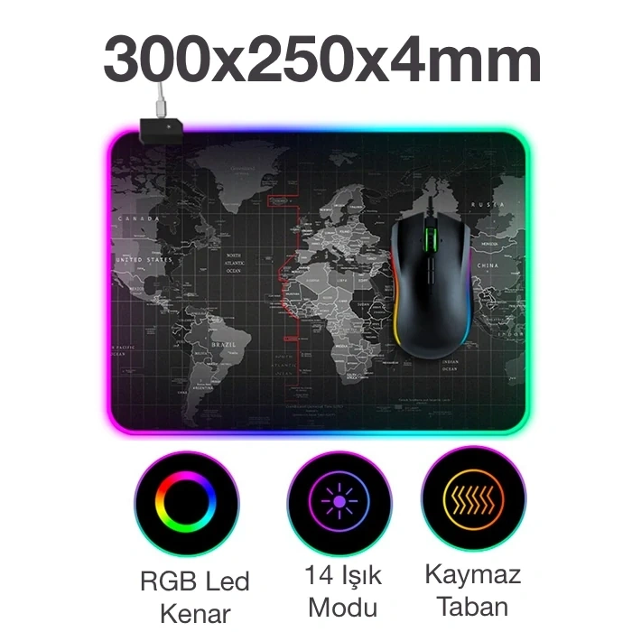 Nevamel ALLY Dünya Desenli RGB Led Işıklı Oyuncu Mouse Pad 300*250*4MM-(5775)