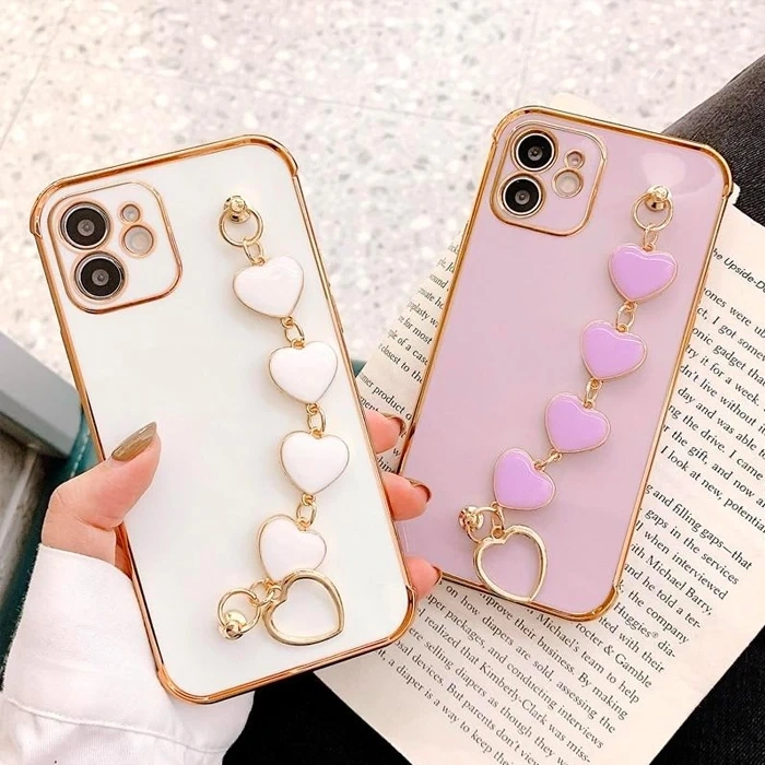 Nevamel Ally iPhone 12 6.1inç Kılıf Kalp Bileklik Tutuculu Lüx Silikon Askılı Kılıf-(5775)