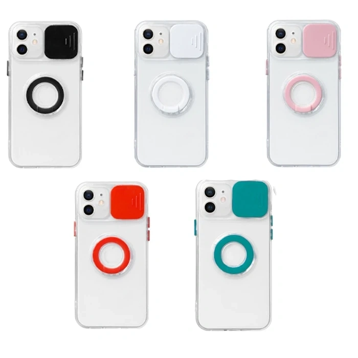 Nevamel Ally iPhone 12 6.1inç Kılıf Sürgülü Kamera Lens Korumalı Yüzük Standlı Silikon Kılıf-(5775)