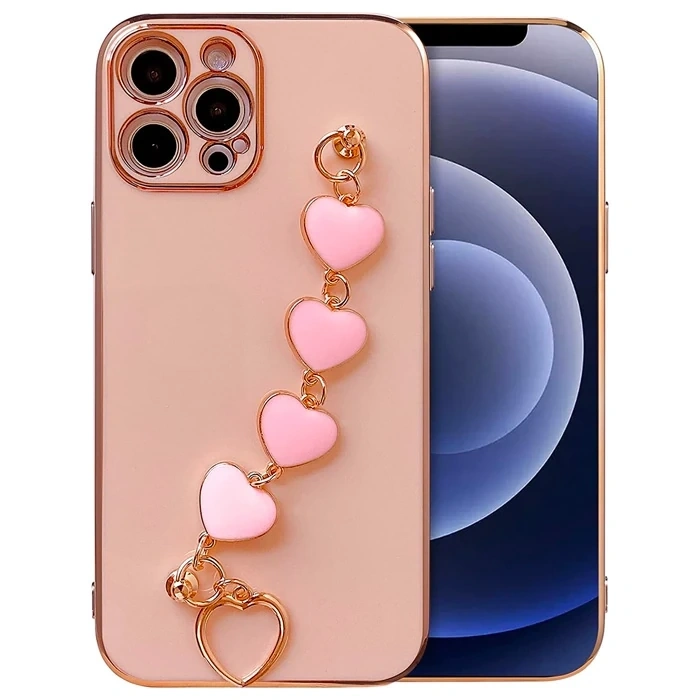 Nevamel Ally iPhone 12 Pro 6.1inç Kılıf Kalp Bileklik Tutuculu Lüx Silikon Askılı Kılıf-(5775)