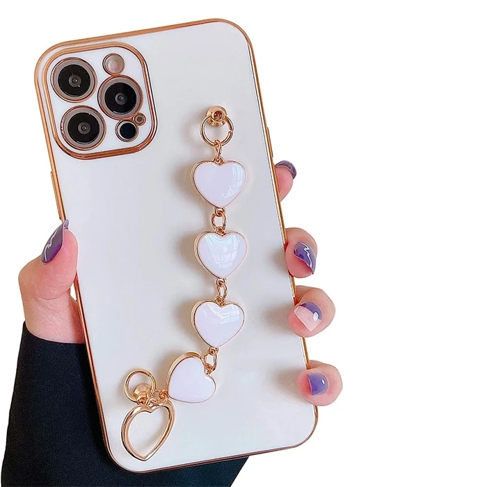 Nevamel Ally iPhone 12 Pro Max 6.7inç Kılıf Kalp Bileklik Tutuculu Lüx Silikon Askılı Kılıf-(5775)