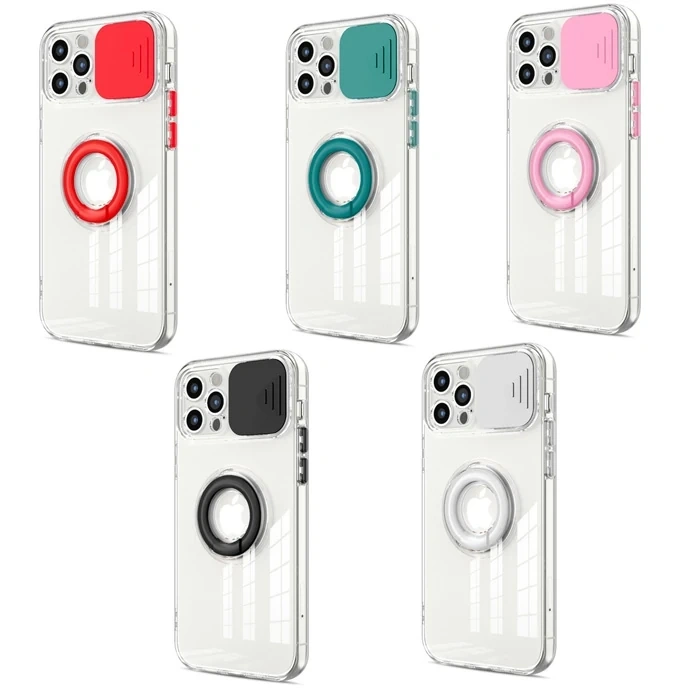 Nevamel Ally iPhone 12 Pro Max Kılıf Sürgülü Kamera Lens Korumalı Yüzük Standlı Silikon Kılıf-(5775)