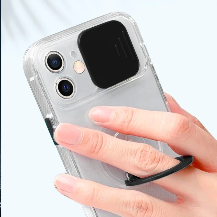 Nevamel Ally iPhone 12 Pro Max Kılıf Sürgülü Kamera Lens Korumalı Yüzük Standlı Silikon Kılıf-(5775)