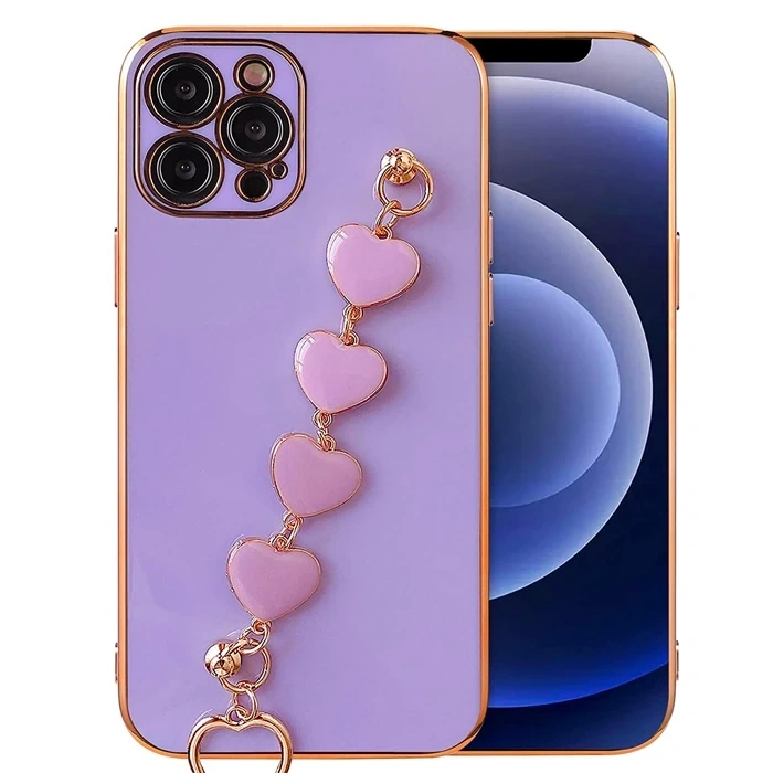 Nevamel Ally iPhone 13 Pro Max 6.7inç Kılıf Kalp Bileklik Tutuculu Lüx Silikon Askılı Kılıf-(5775)