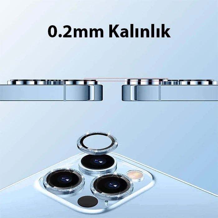 Nevamel ALLY iPhone 14 Pro-14 Pro Max Diamond Taş İşlemeli Alüminyum Alaşımlı Kamera Lens Koruyucu-(5775)