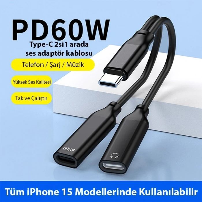 Nevamel Ally İphone 15 İçin Type-c Şarj + kulaklık 2İn1 Çevirici Adaptör 60W-(5775)