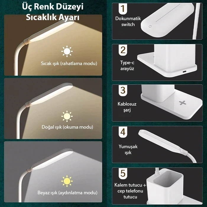 Nevamel ALLY Kablosuz sarj Göz Korumali Portatif Led Masa Lambasi Kalemlik-(5775)