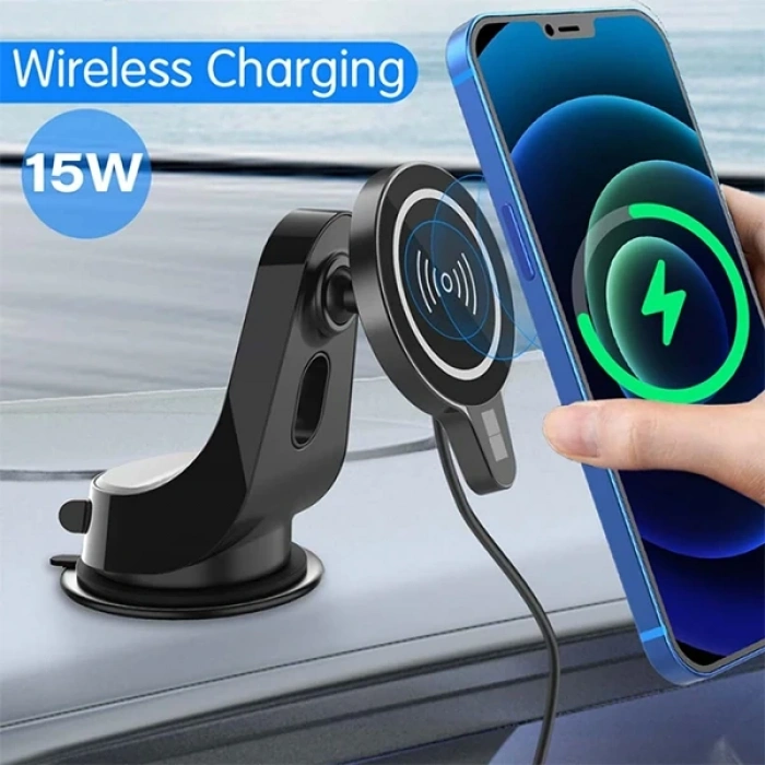 Nevamel ALLY Magsafe iPhone 15-14-13-12 Serisi 15W Kablosuz Hızlı Şarj Cihazı ve Araç Tutucu-(5775)