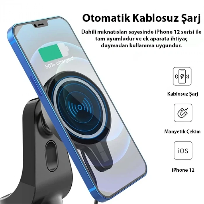 Nevamel ALLY Magsafe iPhone 15-14-13-12 Serisi 15W Kablosuz Hızlı Şarj Cihazı ve Araç Tutucu-(5775)