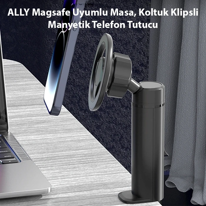Nevamel ALLY Magsafe Uyumlu Masa Koltuk Klipsli Manyetik Telefon Tutucu-(5775)