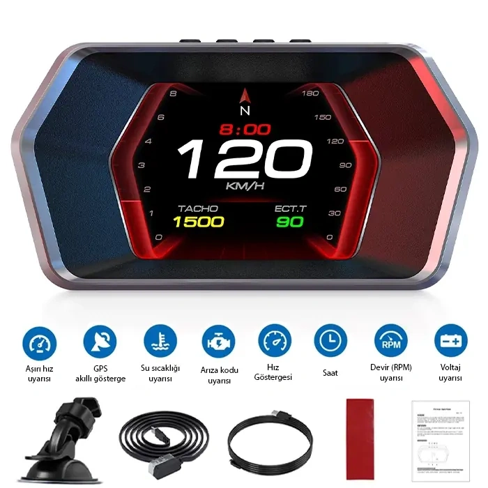 Nevamel® Ally P17 HUD OBD2 & GPS Çift Sistemli Araç Bilgisayarı | Dijital Kilometre Su ve Yağ Sıcaklığı Ölçer Hız & Alarm Göstergeli Oto Elektroniği-(5775)