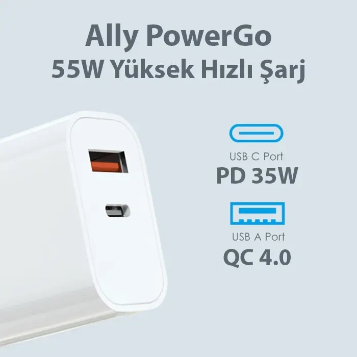 Nevamel® ALLY PowerGo 55W PD + QC 4.0 Hızlı Şarj Adaptörü Çift Port Seyahat Şarj Cihazı”-(5775)