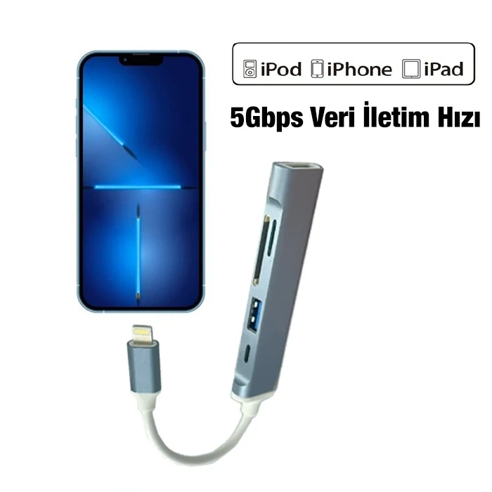 Nevamel Ally S-503 5in1 Lightning to USB + SD Kart Hub Adaptör Çevirici Dönüştürücü-(5775)
