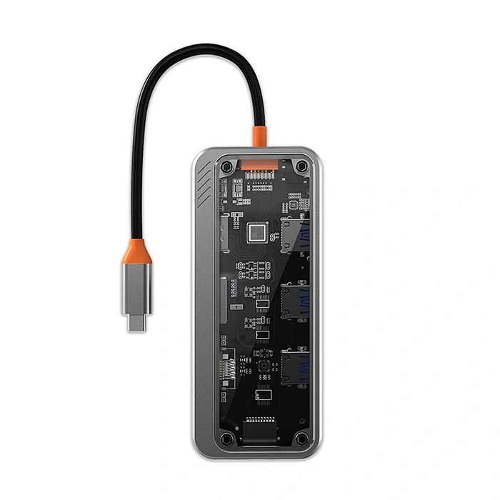 Nevamel ALLY SW1V-PRO Type-c To USB3.0 3adet+ 3.5mm+ HDMI+ VGA+ SD + TF + Ethernet Çoğaltıcı Transparan Hub-(5775)