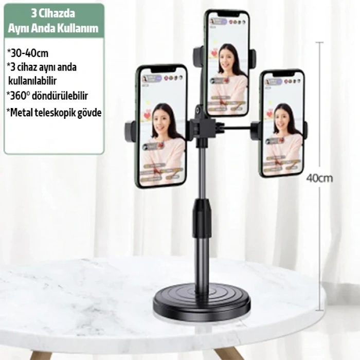 Nevamel Ally Tripod Üçlü Telefon Tutucu Stand Youtuber Canlı Yayın Selfie Tiktok Makeup-(5775)