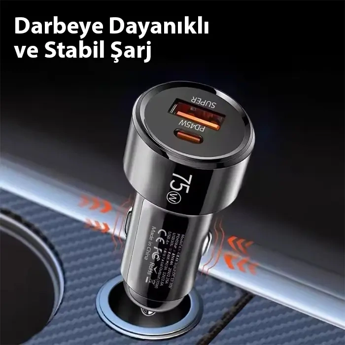 Nevamel® ALLY TurboCharge 75W Araç Şarj Cihazı – Çift Port (USB-C + USB-A-(5775)