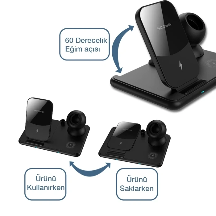 Nevamel ALLY W58 15W Qi Hızlı Şarj 4 in 1 iPhone+ AirPods Pro Kablosuz Şarj Standı-(5775)