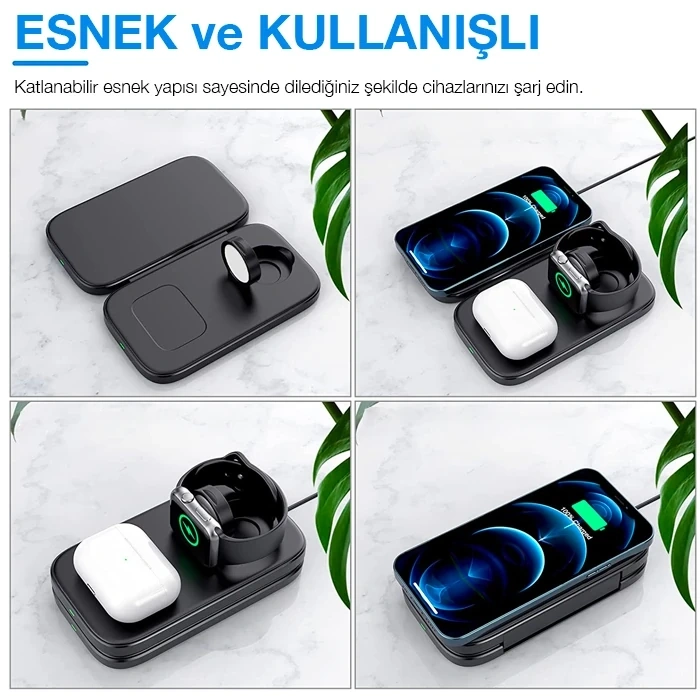 Nevamel ALLY W66 15W 3 in1 Android + iPhone Taşınabilir Mini Kablosuz Hızlı Şarj Standı-(5775)