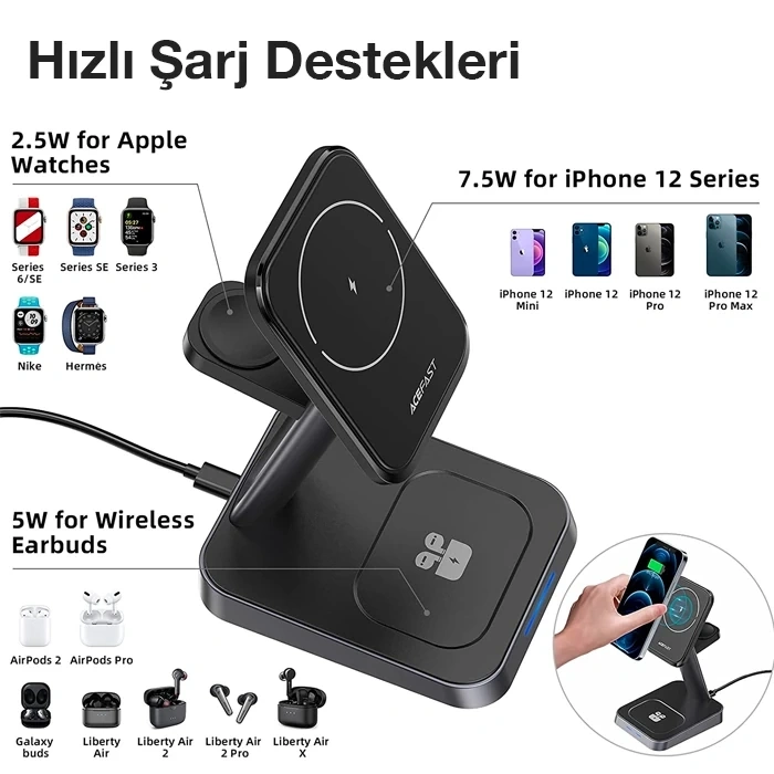 Nevamel ALLY W68 15W 3in1 Manyetik ve Katlanabilir Portatif Masaüstü Kablosuz Şarj Standı-(5775)