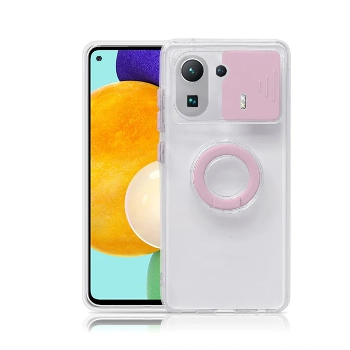Nevamel Ally Xiaomi Mi 11 Pro Kılıf Sürgülü Kamera Lens Korumalı Yüzük Standlı Silikon Kılıf-(5775)