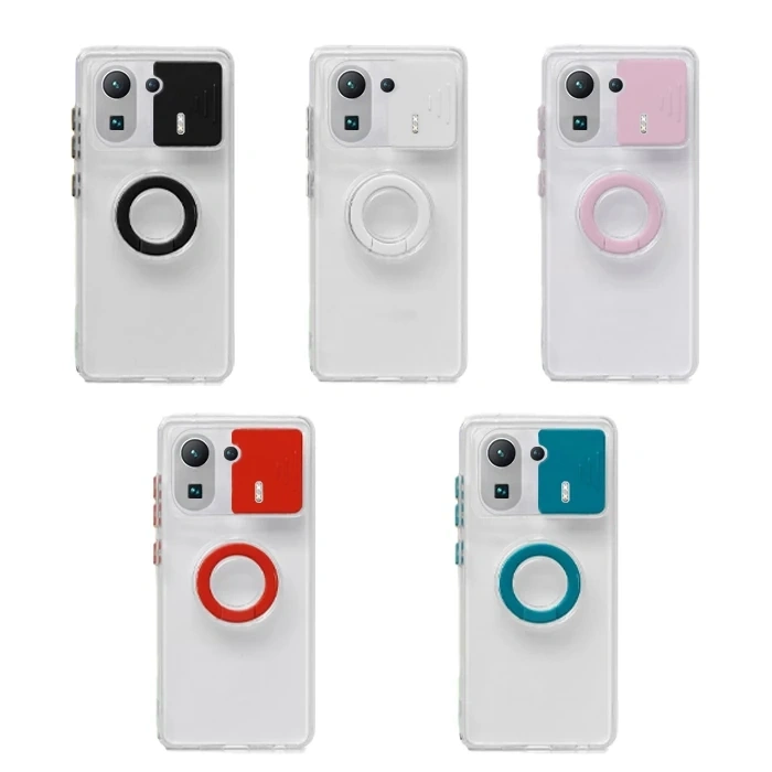Nevamel Ally Xiaomi Mi 11 Pro Kılıf Sürgülü Kamera Lens Korumalı Yüzük Standlı Silikon Kılıf-(5775)