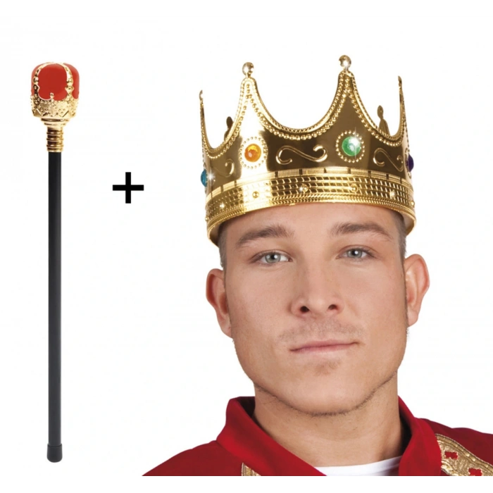 Nevamel Altın Kral Tacı ve Kırmızı Topuzlu Asası Seti