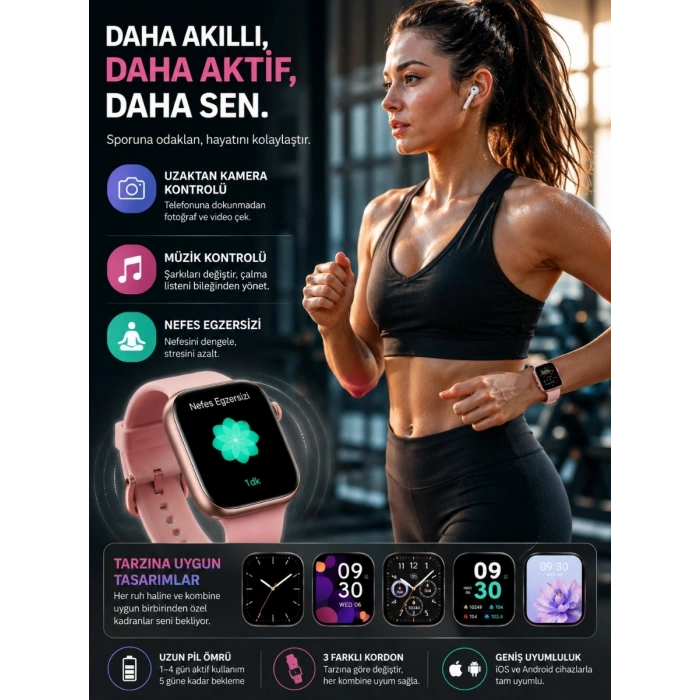 Nevamel® AMOLED Ekranlı Akıllı Saat Bluetooth Aramalı IP67 Su Geçirmez 3 Kordonlu