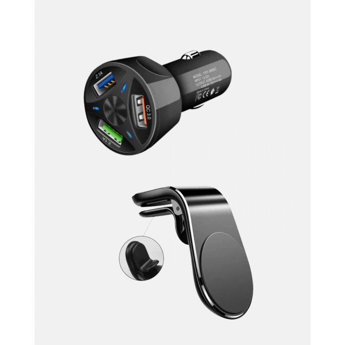 Nevamel® Araç İçi Telefon Tutucu + Quick Charge 3.0 Araç Şarj Cihazı Seti