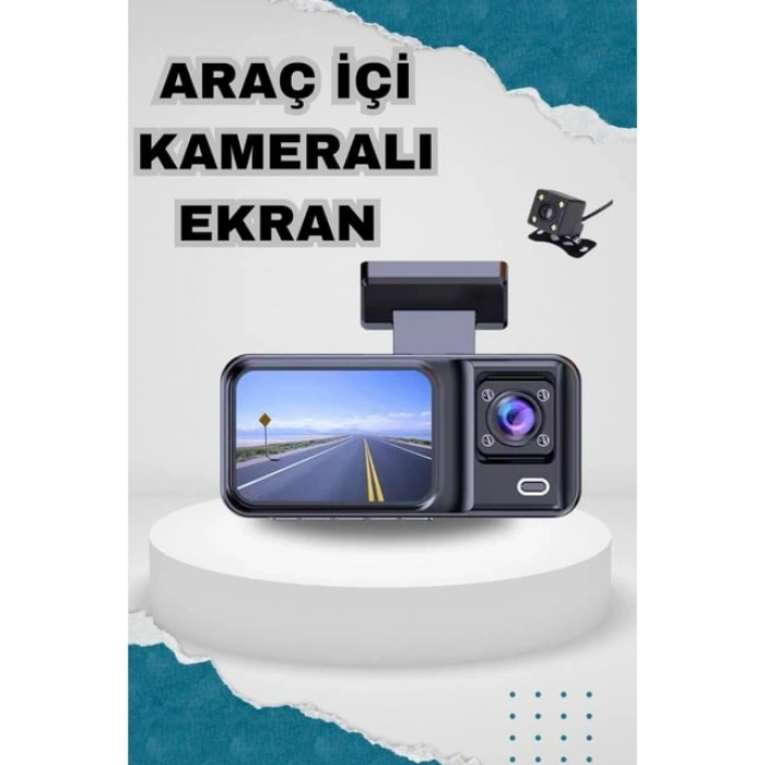 Nevamel® Araç Kamerası - 3 Kameralı Wifi Ön , İç ve Arka Full HD DVR Araç İçi Ekranlı Kamera (1431)