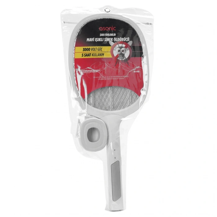 Nevamel® ASONIC AS-A25 Beyaz-Gri 3000V Raket Tipi UV Mor Işıklı 1200mAh Bataryalı Şarj Edilebilir Sinek Öldürücü(1923)