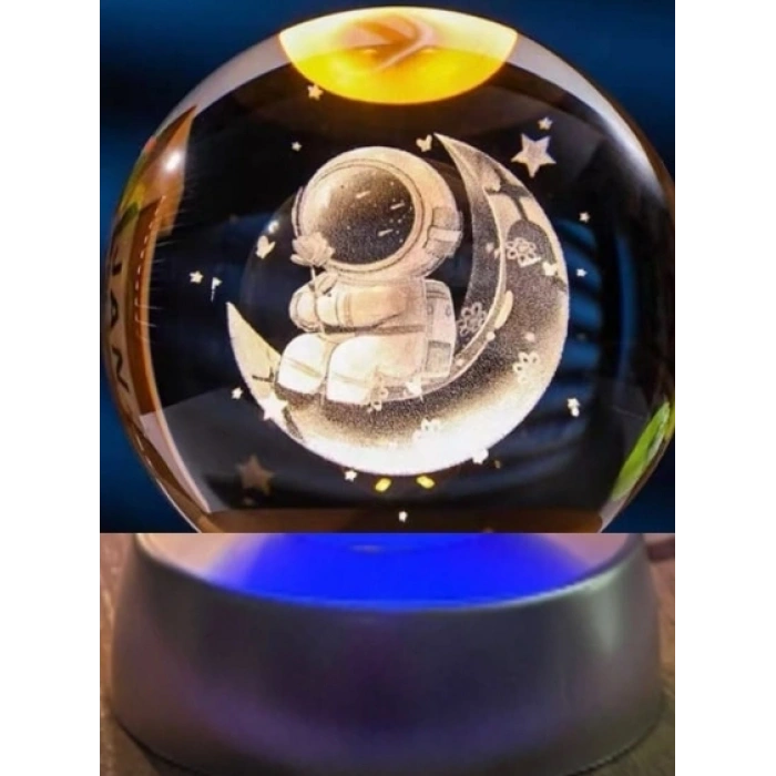 Nevamel® Ay Üstünde Astronot Tasarımlı Plastik Altlıklı Işıklı Cam Küre