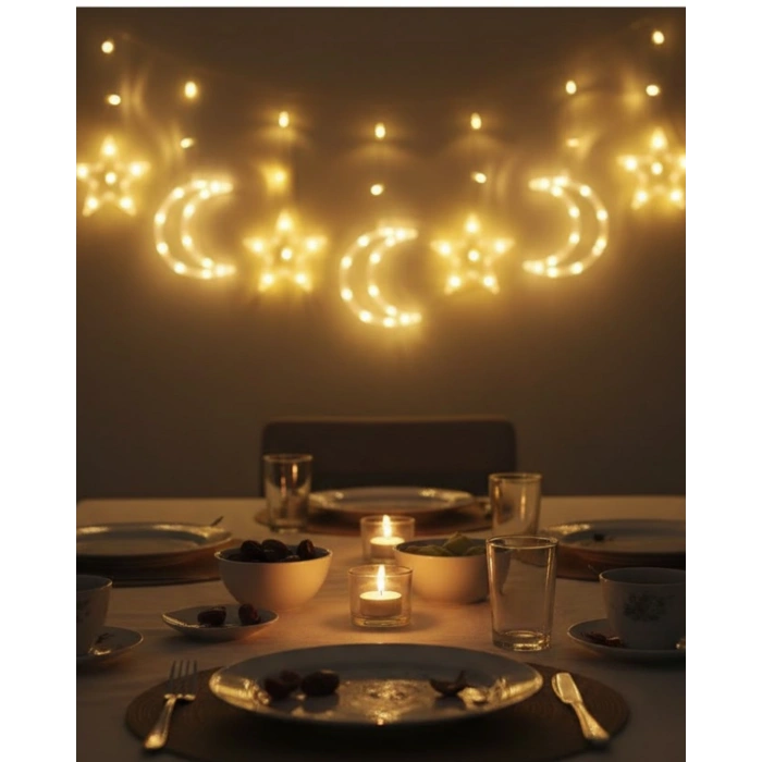 Nevamel® Ay ve Yıldız Desenli Perde Işık Ramazan Dekoratif LED Aydınlatma