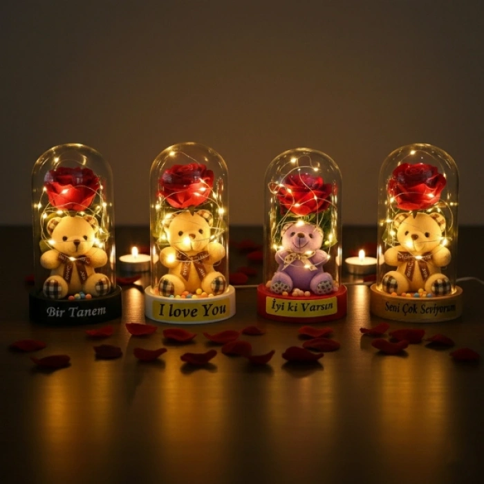 Nevamel® Ayıcıklı Ledli Gül Fanus