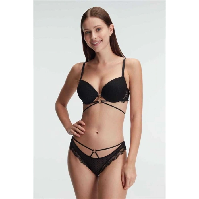 Nevamel® Balenli Destekli Dolgulu Göbek Detaylı Puantiyeli Dantelli Sütyen Ve Slip Takım