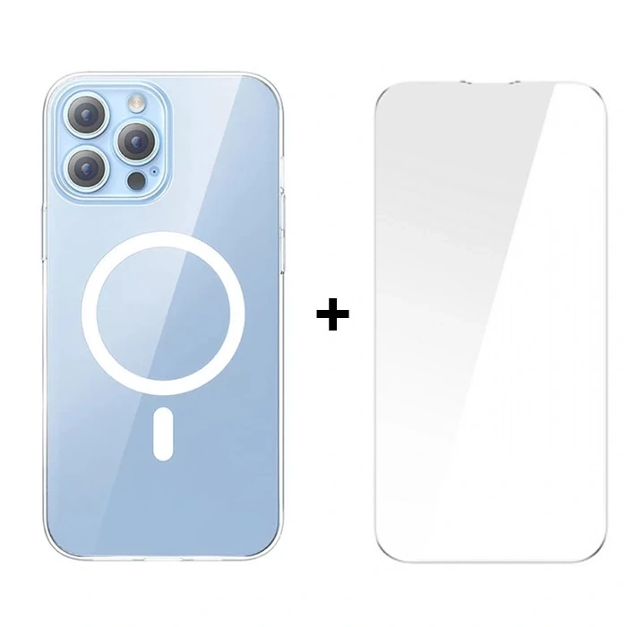 Nevamel Baseus Crystal iPhone 13 Pro Magsafe Silikon Kılıf + Tempered Ekran Koruyucu Set-(5775)