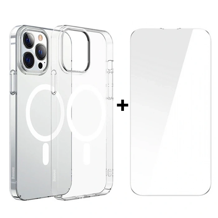Nevamel Baseus Crystal iPhone 13 Pro Max 6.7 Magsafe Silikon Kılıf + Tempered Ekran Koruyucu Set-(5775)