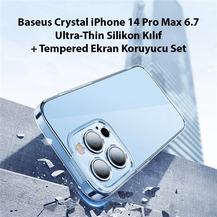 Nevamel Baseus Crystal iPhone 14 Pro Max 6.7 Ultra-Thin Silikon Kılıf + Tempered Ekran Koruyucu Set-(5775)