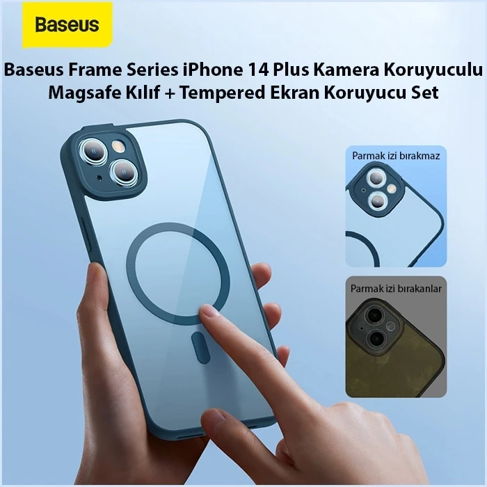 Nevamel Baseus Frame Series iPhone 14 Plus 6.7 Kamera Koruyuculu Magsafe Kılıf + Tempered Ekran Koruyucu Set-(5775)