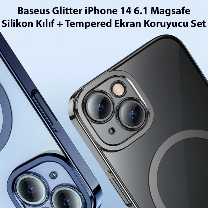 Nevamel Baseus Glitter iPhone 14 6.1 Magsafe Silikon Kılıf + Tempered Ekran Koruyucu Set-(5775)