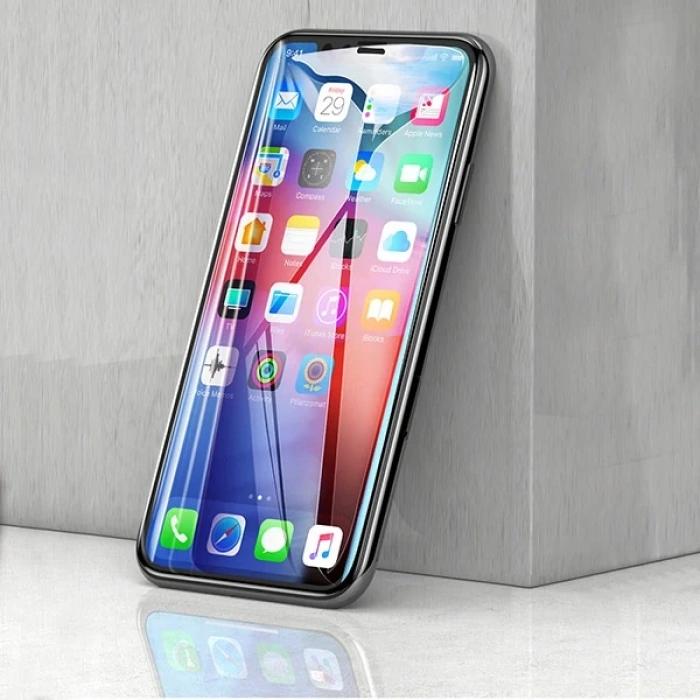 Nevamel Baseus İPhone 11 Pro 3D Full Kaplama Kırılmaz Cam Koruyucu Tempered Glass Screen Protector-(5775)