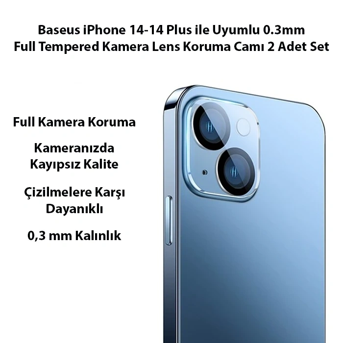 Nevamel Baseus iPhone 14-14 Plus ile Uyumlu 0.3mm Full Tempered Kamera Lens Koruma Camı 2 Adet Set-(5775)