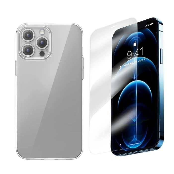 Nevamel Baseus iPhone 15 Pro Corning Serisi Silikon Kılıf + Tempered Ekran Koruyucu Set-(5775)