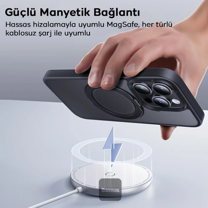 Nevamel Baseus iPhone 15 Pro Max SkyRing Serisi Standlı Magsafe Manyetik Kılıf + Tempered Ekran Koruyucu Set-(5775)