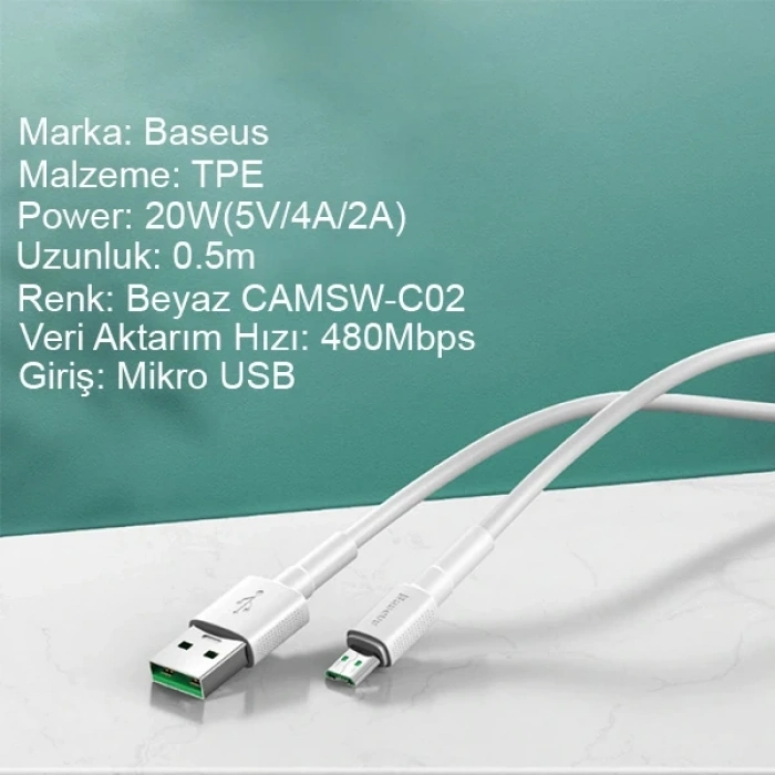 Nevamel Baseus Mini White Micro USB 4A OPPO VIVO Dash Usb Şarj Kablosu 0.5cm-(5775)