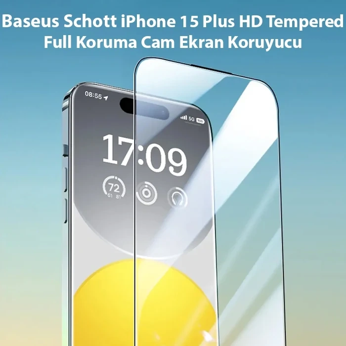 Nevamel Baseus Schott iPhone 15 Plus HD Tempered Full Koruma Cam Ekran Koruyucu-(5775)
