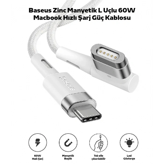 Nevamel Baseus Zinc Manyetik L Uçlu 60W Macbook Hızlı Şarj Güç Kablosu 2m-(5775)