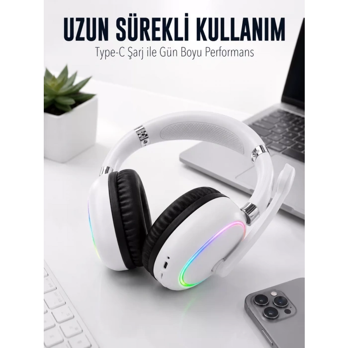 Nevamel® Beyaz Bluetooth 5.0 Mikrofonlu Kablosuz Kulak Üstü Kulaklık RGB Işıklı Type-C Şarjlı